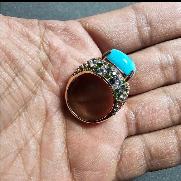Ladies Turquoise Multi Gemstone Cluster Sterling Silver Statement Cocktail Ring - Picture 1 of 12
